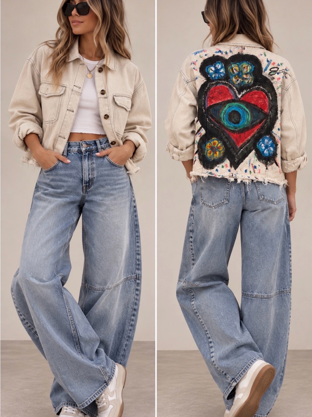 OOAK Hand Painted Denim Jacket Heart Eye Wearable Art Distressed Boho